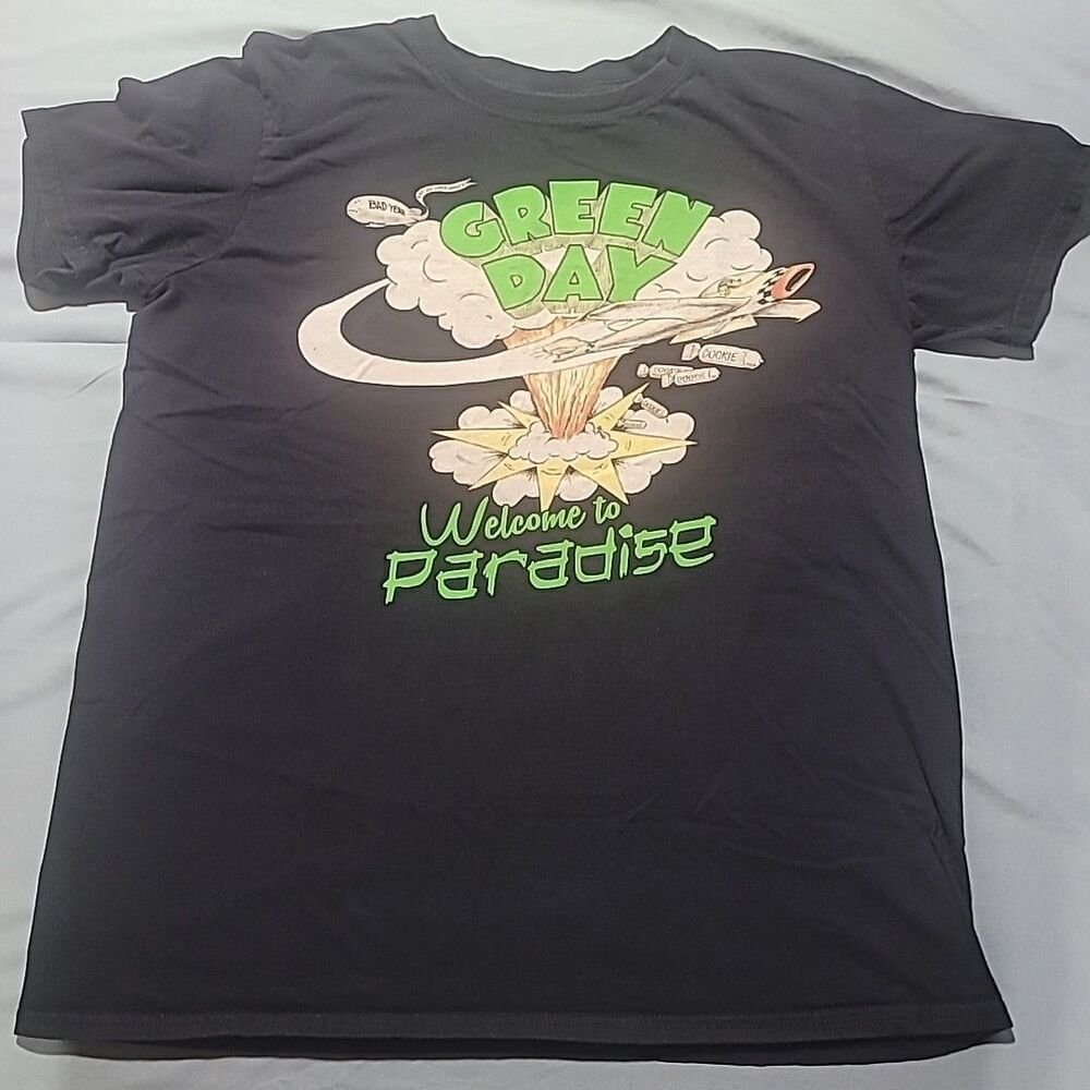 Green Day Welcome To Paradise Graphic Print Black Short Sleeve Shirt Men's LARGE